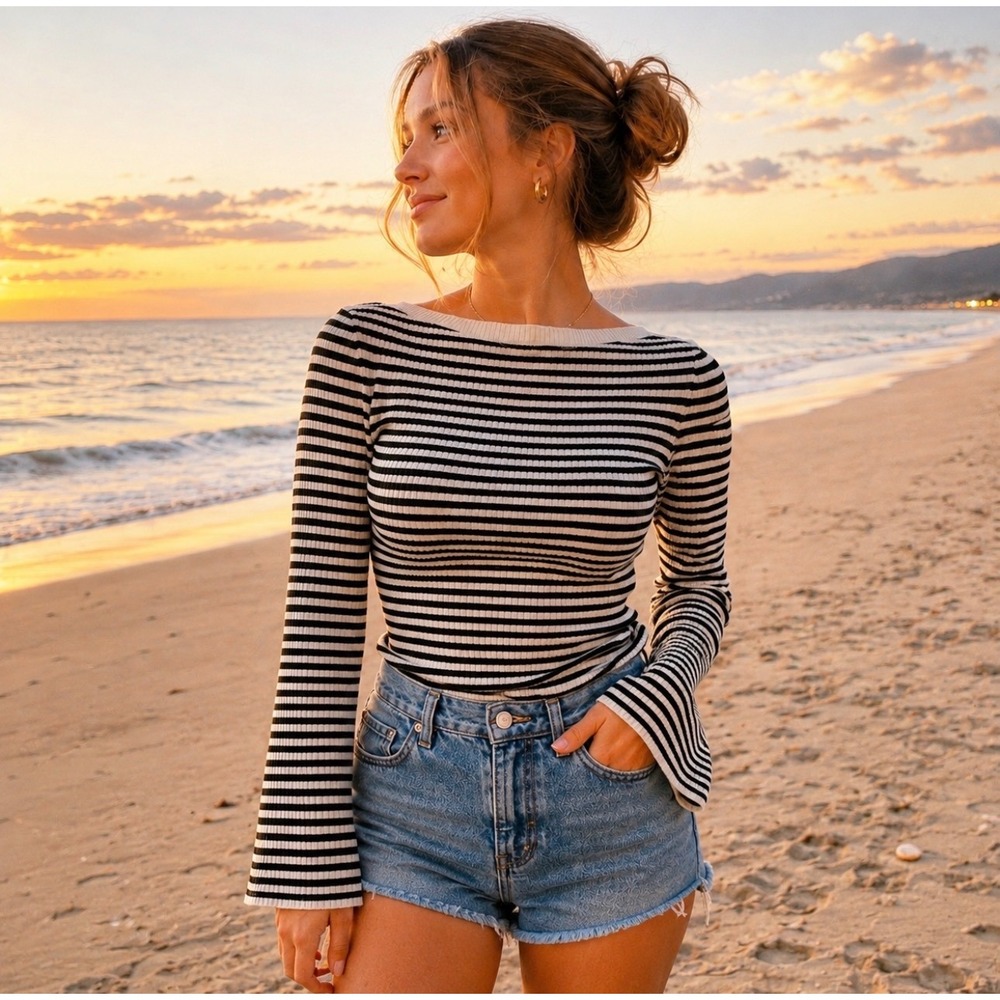 LOFT Black White Striped Rib Knit Boat Neck Sweater Top XS Bell Sleeve